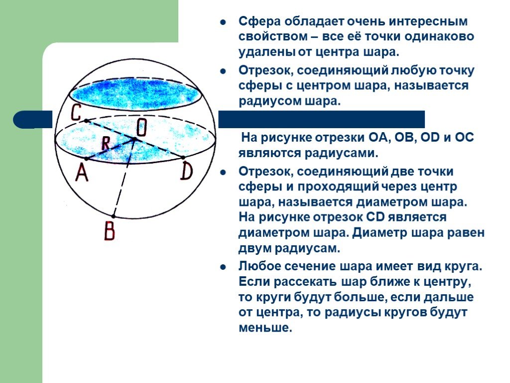Если провести поверхность шара. Сфера и шар (понятие,основные компоненты,формулы). Шар центр радиус сфера. Радиус сферы и шара. Шар сфера их свойства.