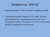 Roseolovirus (HSV-6). Характеризуется Т-клеточной лимфотропией Инкубационный период 5-15 дней. Время максимального проявления между 6 и 24 месяцами жизни. В возрасте 4 лет почти у всех детей определяются антитела.