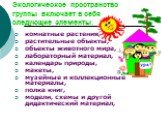 Экологическое пространство группы включает в себя следующие элементы: комнатные растения, растительные объекты, объекты животного мира, лабораторный материал, календарь природы, макеты, музейные и коллекционные материалы, полка книг, модели, схемы и другой дидактический материал,