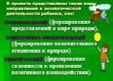 В проекте представлены такие виды направления в экологической деятельности ребенка, как: познавательный (формирование представлений о мире природы), перцептивно-эмоциональный (формирование положительного отношения к природе) практический (формирование склонности к проявлению позитивного взаимодейств