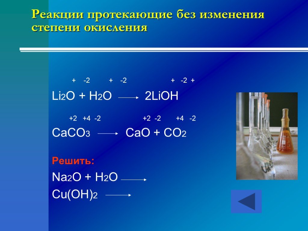 Cao h2o название реакции. Химические реакции с o2 h2 h2o. Li степень окисления. Реакции протекающие без изменения степени окисления. Реакция без изменения с.о.