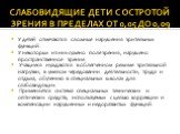 СЛАБОВИДЯЩИЕ ДЕТИ С ОСТРОТОЙ ЗРЕНИЯ В ПРЕДЕЛАХ ОТ 0,05 ДО 0,09. У детей отмечаются сложные нарушения зрительных функций. У некоторых из них сужено поле зрения, нарушено пространственное зрение. Учащиеся нуждаются в облегченном режиме зрительной нагрузки, в умелом чередовании деятельности, труда и от