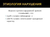 ЭТИОЛОГИЯ НАРУШЕНИЯ. Анализ причин нарушений зрения показывает, что в 92% случаев слабовидение и в 88 % случаев слепота имеют врожденный характер.