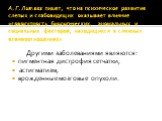 А. Г. Литвак пишет, что на психическое развитие слепых и слабовидящих оказывает влияние «совокупность биологических, аномальных и социальных факторов, находящихся в сложных взаимоотношениях». Другими заболеваниями являются: пигментная дистрофия сетчатки, астигматизм, врожденные мозговые опухоли.