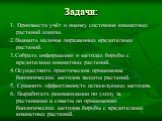 Задачи: 1. Произвести учёт и оценку состояния комнатных растений школы. 2.Выявить наличие пораженных вредителями растений. 3.Собрать информацию о методах борьбы с вредителями комнатных растений. 4.Осуществить практическое применение биологических методов защиты растений. 5. Сравнить эффективность ис