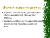 Цели и задачи урока: Изучить леса России, рассмотреть причины различия лесных зон страны; Выявить особенности взаимосвязей компонентов природы в лесной зоне.