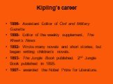 Kipling’s career. 1886- Assistant Editor of Civil and Military Gazette 1888- Editor of the weekly supplement, The Week’s News 1892- Wrote many novels and short stories, but began writing children’s novels. 1893- The Jungle Book published. 2nd Jungle Book published in 1895. 1907– awarded the Nobel Pr