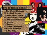 1. The White Stripes. 2. Modest Mouse 3. Yeah Yeah Yeahs. 4. Death Cab For Cutie 5. The Decemberists 6. Metric 7. Spoon 8. Franz Ferdinand 9.Arctic Monkeys 10. The Kills. Top 10 Indie Bands