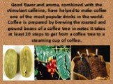 Good flavor and aroma, combined with the stimulant caffeine, have helped to make coffee one of the most popular drinks in the world. Coffee is prepared by brewing the roasted and ground beans of a coffee tree in water. It takes at least 20 steps to get from a coffee tree to a steaming cup of coffee.