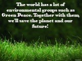 The world has a lot of environmental groups such as Green Peace. Together with them, we'll save the planet and our future!