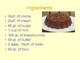 Ingredients: 3spf. of cocoa 2spf. of cream 60 gr. of sugar 1 cup of milk 100 gr. of breadcrumbs 50 gr. of butter 2 eggs, 1tspf. of soda 60 gr. of flour