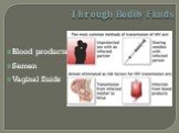 Through Bodily Fluids. Blood products Semen Vaginal fluids