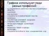 Графика используют люди разных профессий: исследователи в различных научных и прикладных областях; художники; конструкторы; специалисты по компьютерной верстке; дизайнеры; разработчики рекламной продукции; создатели Web-страниц; авторы мультимедиа презентаций; медики; модельеры тканей и одежды; фото