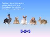Раз, два, три, четыре, пять…. Вышли зайцы погулять. Двое зайцев потерялись. Сколько до дому добрались? 5-2=3