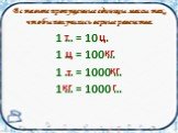Вставьте пропущенные единицы массы так, чтобы получились верные равенства. 1 … = 10 … 1 … = 100 … 1 … = 1000 … 1 … = 1000 …. кг г т ц