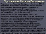 Пустовалова Наталья Васильевна. Родилась в г.Кашгар Западного Китая в 1953г. Родители Василий Семенович и мать Мария Григорьевна Андриановы находились в загранкомандировке. Отец работал маркшейдером на цинковом руднике, а мать диспетчером . По болезни отца пришлось в 1954г приехать в СССР, в г. Кара