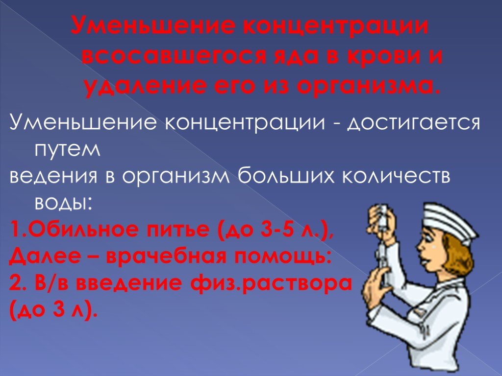 Удаление из организма. Уменьшение концентрации всосавшегося яда. Средство для снижения концентрации ядов в крови. Для снижения концентрации яда в крови. Снижение концентрации яда в крови способствует.