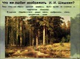 Тема леса как образа русской природы, была одной из главных в творчестве Шишкина. В картине «Корабельная роща» сосны изображены очень натурально, живо. Что же любит изображать И. И. Шишкин?