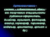 Артономические – «человек – художественный образ» - все творческие специальности (художник-оформитель, дизайнер, музыкант, фотограф, ювелир, хореограф, парикмахер, модельер, архитектор, артист и др.).