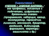 Сигноические – «человек – знаковая система» - все профессии, связанные с подсчетами, цифровыми и буквенными знаками (программист, наборщик, кассир, конструктор, переводчик, лингвист, экономист, бухгалтер, геодезист, библиограф, фармацевт, секретарь-машинистка и др.)