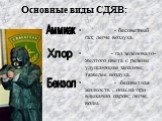 Основные виды СДЯВ: - бесцветный газ; легче воздуха. - газ зеленовато-желтого цвета с резким удушающим запахом; тяжелее воздуха. - бесцветная жидкость , опасна при вдыхании паров; легче воды. Аммиак Хлор Бензол