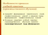 Особенности процесса учебной практики (производственного обучения). приоритет формирования практического опыта (профессиональных умений и навыков) перед формированием профессиональных знаний. Основным средством учебной практики (производственного обучения) является производительный труд обучающихся.