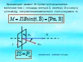 Вращающий момент М прямо пропорционален величине тока I, площади контура S, вектору В и синусу угла между направлением магнитного поля и нормали n. B Pm I FA. - магнитный момент контура