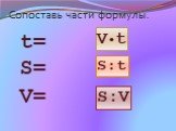 Сопоставь части формулы. t= S= V= V•t S:t S:V