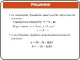 в) напишите уравнение зависимости скорости от времени Уравнение скорости: v = v0 + at Подставим: v0 = -3 м/с, a = 1 м/с² v = -3 + t г) постройте графики координаты и пути от времени x = 15 - 3t + 0,5 t² S = - 3t + 0,5 t²