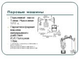 Поршневой насос Томас Ньюкомен 1711 г. Пароатмосферная машина непрерывного действия И.И.Ползунов 1764г. 1-цилиндр,2-поршень,3-балансир,4-меха,5-котел,6-парораспределительный кран,7-водораспределительнцй кран,8-бак