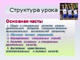 Основная часть: 1. Общее и специальное развитие опорно-двигательного аппарата, совершенствование функциональных возможностей организма; 2. Обучение технике упражнений; 3. Формирование специальных знаний; 4. Развитие основных и специальных двигательных качеств; 5. Воспитание нравственных, интеллектуа