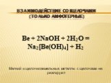 Взаимодействие со щелочами (только амфотерные). Be + 2NaOH + 2H2O = Na2[Be(OH)4] + H2 Магний и щелочноземельные металлы с щелочами не реагируют.