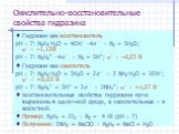 Окислительно-восстановительные свойства гидразина. Гидразин как восстановитель рН  7: N2H4·H2O + 4OH 4e  = N2 + 5H2O;  = –1,12В рН  7: N2H5+ 4e  = N2 + 5H+;  = –0,23 В Гидразин как окислитель рН  7: N2H4·H2O + 3H2O + 2e  = 2 NH3·H2O + 2OH;  = +0,03 В рН  7: N2H5+ + 3H+ + 2e  = 2NH4