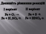 Допишіть рівняння реакцій. I варіант II варіант Fe + O Fe + H SO Fe + S Fe + HNO 3