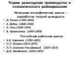 Теории размещения производства и экономического районирования. Немецкая географическая школа – разработка теорий штандорта И. Тюнен (1783-1850) А. Вебер (1868-1958) А. Леш (1906-1945) В. Кристаллер (1893-1969) Российская районная школа К.И. Арсеньев (1789-1865) Н.П. Огарев (1813-1877) П.П. Семенов-Т