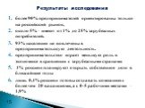 более 90% предпринимателей ориентированы только на российский рынок, около 5% – имеют от 1% до 25% зарубежных потребителей. 93% населения не вовлечены в предпринимательскую деятельность. предпринимательство играет меньшую роль в экономике в сравнении с зарубежными странами 4% россиян планируют откры