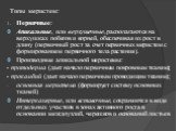 Типы меристем: Первичные: Апикальные, или верхушечные, располагаются на верхушках побегов и корней, обеспечивая их рост в длину (первичный рост за счет первичных меристем с формированием первичного тела растения). Производные апикальной меристемы: - протодерма (дает начало первичным покровным тканям