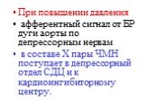 При повышении давления афферентный сигнал от БР дуги аорты по депрессорным нервам в составе Х пары ЧМН поступает в депрессорный отдел СДЦ и к кардиоингибиторному центру.