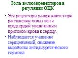 Роль волюморецепторов в регуляции ОЦК. Эти рецепторы раздражаются при растяжении полых вен и предсердий увеличенным притоком крови к сердцу. Наблюдается учащение сердцебиений, снижение выработки антидиуретического гормона.