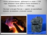 Уголь организованно добывается в мире с 1198 года (впервые такая добыча была налажена в Германии), на Руси — с 1698 года. Экспорт угля для России — одного из крупнейших игроков на мировом угольном рынке