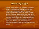 History of origin. Mexican cuisine is a style of food which is primarily a fusion of indigenous Central America cooking with European, especially Spanish, cooking developed after the Spanish conquest of the Aztec Empire. The basic staples remain the native corn, beans and chili peppers but the Spani