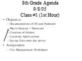 8th Grade Agenda 9/8/05 Class #1 (1st Hour). Objective- Documentation of ID and Password Mavis Beacon + Shortcuts Creation of folders Locating Applications Saving files onto the server Assignment- File Management Worksheet