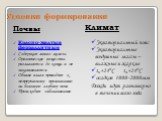 Условия формирования. Почвы Климат. Красно-желтые ферраллитные Содержат много железа Органические вещества разлагаются до конца и не накапливаются Обилие влаги приводит к непрерывному промыванию на большую глубину почв Происходит заболачивание. Экваториальный пояс Экваториальные воздушные массы – вл