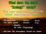 What does the word “Ecology” mean? This word came from the Greek “oikos” which means “home”. “Home” includes: Its population Our whole planet Nature Animals Insects All other living beings Birds Fish. And even the atmosphere around our planet.