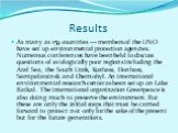 Results. As many as 159 countries — members of the UNO have set up environmental protection agencies. Numerous conferences have been held to discuss questions of ecologically poor regions including the Aral Sea, the South Urals, Kuzbass, Donbass, Semipalatsinsk and Chernobyl. An international enviro