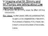 \/ Imagine what Mr.Slimmy and Mr.Plumpy are talking about.Use reported speech: Example: Mr.Slimmy says he often drinks coca-cola. For ideas: butter,peas,lettuce,potatoes,fish, sugar,juice,vegetables,macaroni, fruit,bread,cheese,milk,meat,ice- cream,coca-cola,beer,chocolate, cake.
