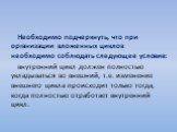 Необходимо подчеркнуть, что при организации вложенных циклов необходимо соблюдать следующее условие: внутренний цикл должен полностью укладываться во внешний, т.е. изменение внешнего цикла происходит только тогда, когда полностью отработает внутренний цикл.