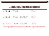 Примеры присваивания. X:=4 Y:=X Y:=? X:=3 Y:=8 Z:=X+Y Z:=? X:=2 Y:=6 Z:=X*Y Z:=? Это арифметические команды присваивания