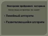 Повторение пройденного материала. Какие виды алгоритмов мы знаем? Линейный алгоритм Разветвляющийся алгоритм