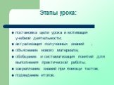 Этапы урока: постановка цели урока и мотивация учебной деятельности; актуализация полученных знаний	; объяснение нового материала; обобщение и систематизация понятий для выполнения практической работы; закрепление знаний при помощи тестов; подведение итогов.